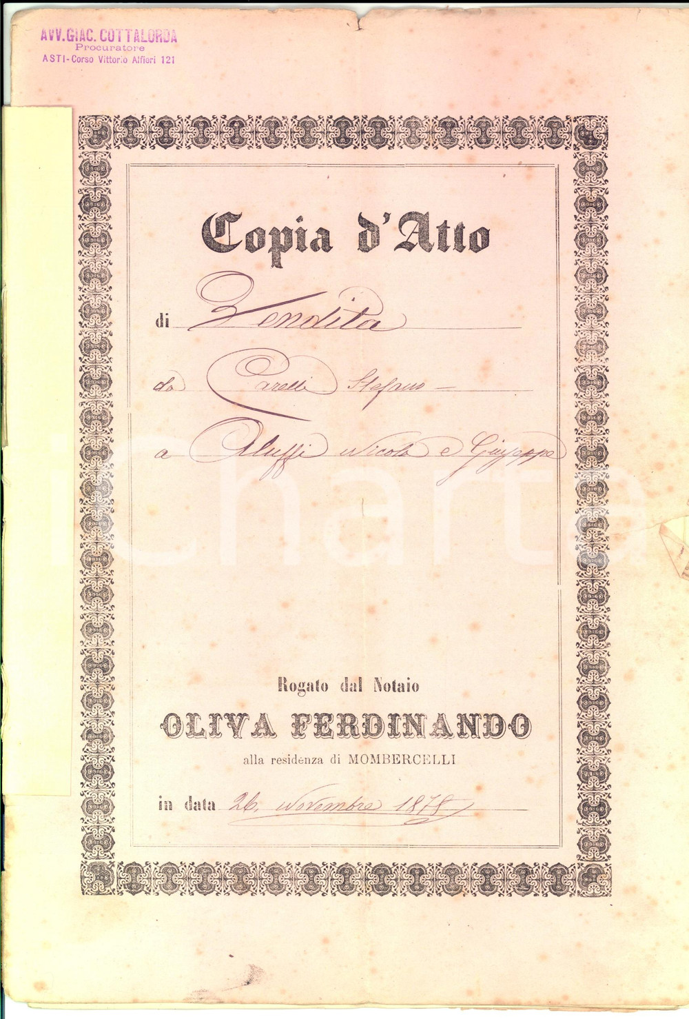 Documento originale, autentico 1878 CASTELNUOVO CALCEA Stefano CARELLI vende porzione di casa a Giuseppe ALUFFI 1