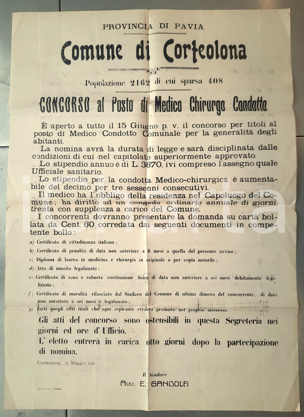 Documento originale, autentico 1912 CORTEOLONA (PV) Concorso per medico chirurgo MANIFESTO 1