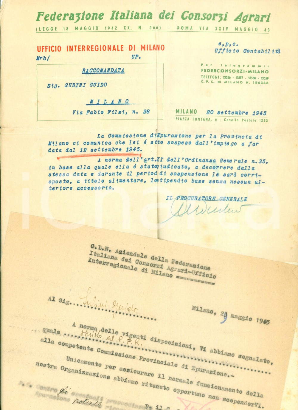 Documento originale, autentico 1945 MILANO Guido SUBINI PFR attende giudizio di EPURAZIONE *Lotto 4 documenti 1