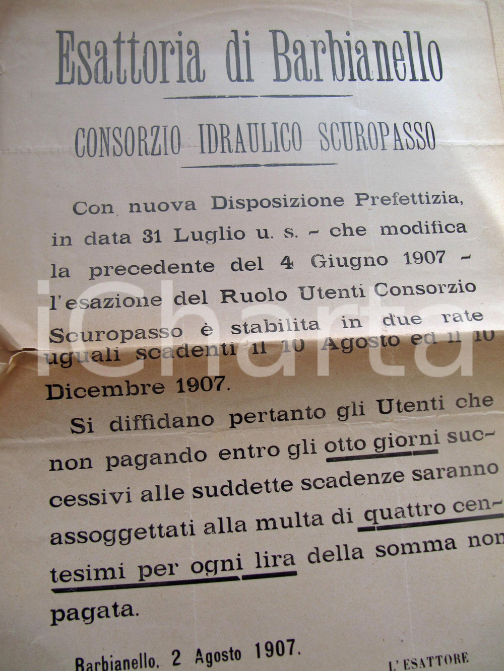 Documento originale, autentico 1907 BARBIANELLO (PV) Consorzio Idraulico SCUROPASSO Manifesto 1