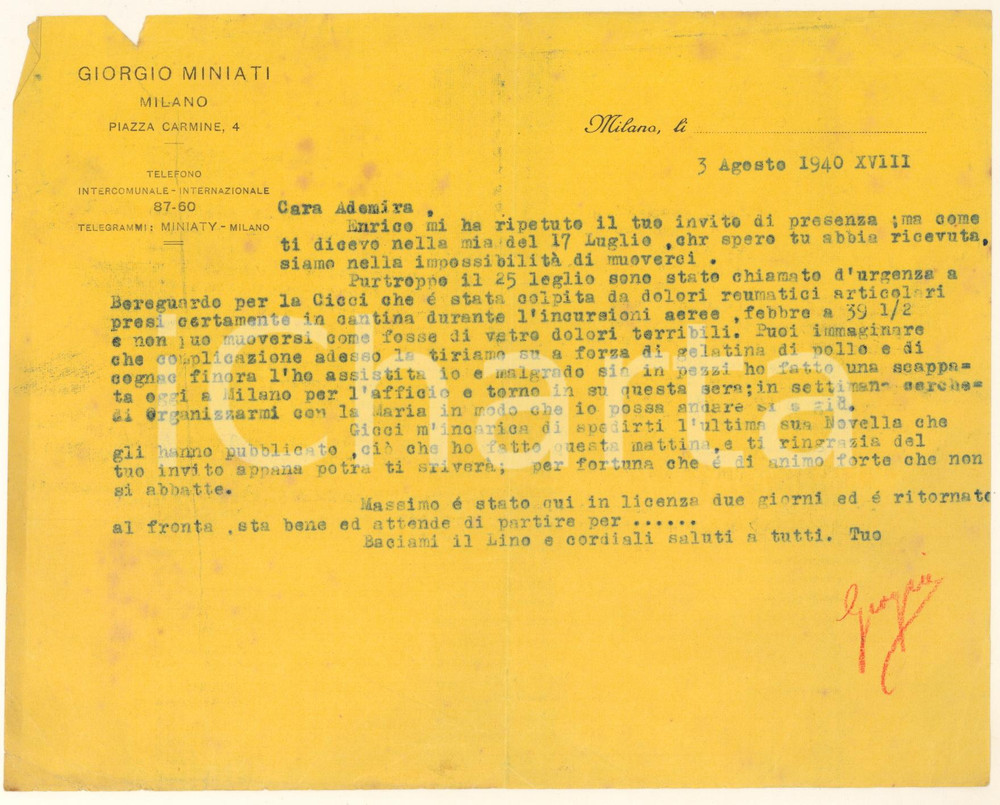 Autografo originale 1940 WW2 MILANO Giorgio MINIATI assiste la moglie dopo i bombardamenti AUTOGRAFO 1
