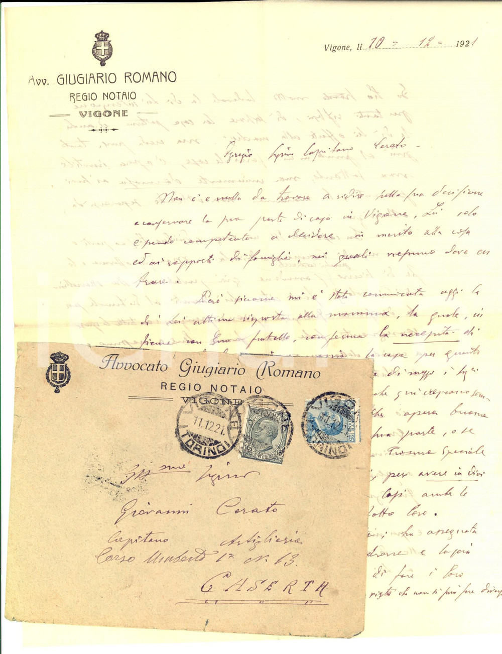Manoscritto, lettera originale 1921 VIGONE TO Avv. Romano GIUGIARIO su divisione famiglia CERATO Lettera 1