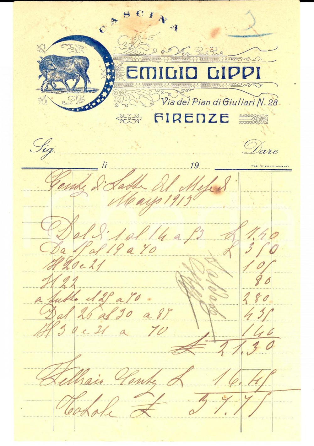 Documento originale, autentico 1910 ca FIRENZE Pian di Giullari  Cascina Emilio LIPPI Fattura intestata 1