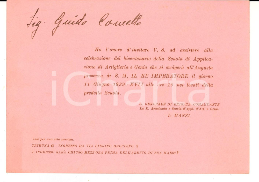 Documento originale, autentico 1939 TORINO Bicentenario Scuola di Applicazione di Artiglieria *Invito 1