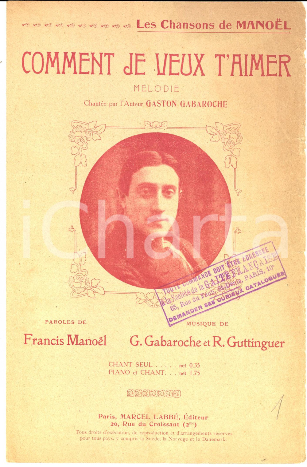 Oggetto da collezione cartaceo 1920 ca MANOEL  GABAROCHE  GUTTINGUER Comment je veux t aimer Ed. LABBE 1