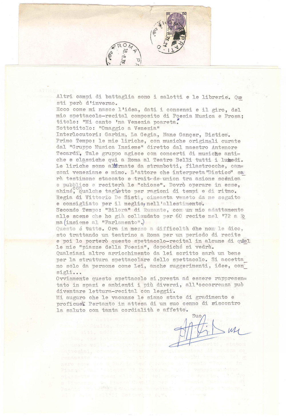 Autografo originale 1976 ROMA Attore Attilio DUSE invitato come lettore di poesie Autografo 1