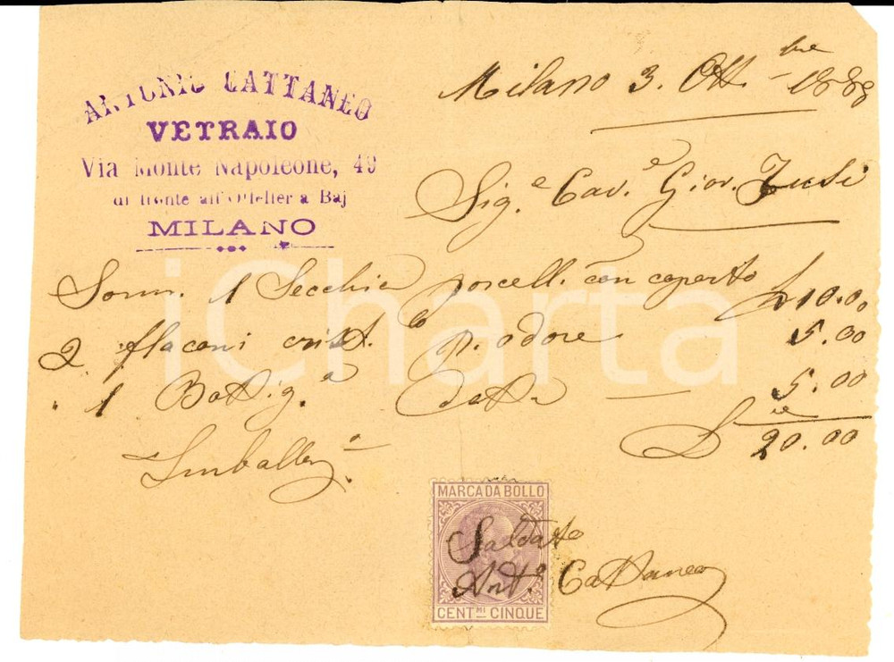 Documento originale, autentico 1888 MILANO MONTE NAPOLEONE Vetraio Antonio CATTANEO Ricevuta per secchio 1