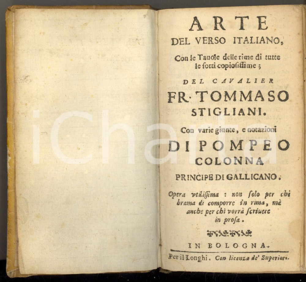 Libro, pubblicazione d epoca 1693 BOLOGNA Francesco Tommaso STIGLIANI Arte del verso italiano Ed. LONGHI RARO 1