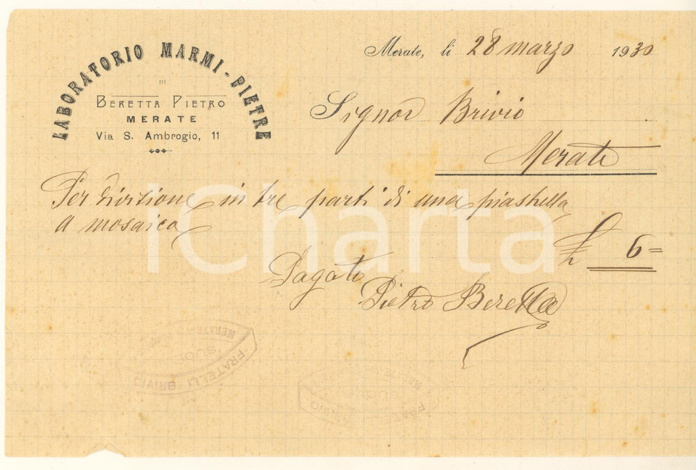 Documento originale, autentico 1930 MERATE LC Laboratorio marmi Pietro BERETTA Fattura manoscritta 1