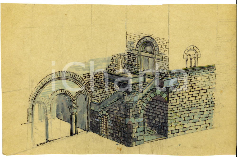 Stampa, bozzetto originale 1926 COMO Progetto Monumento ai Caduti  Torre BROLETTO Disegno acquerellato 1