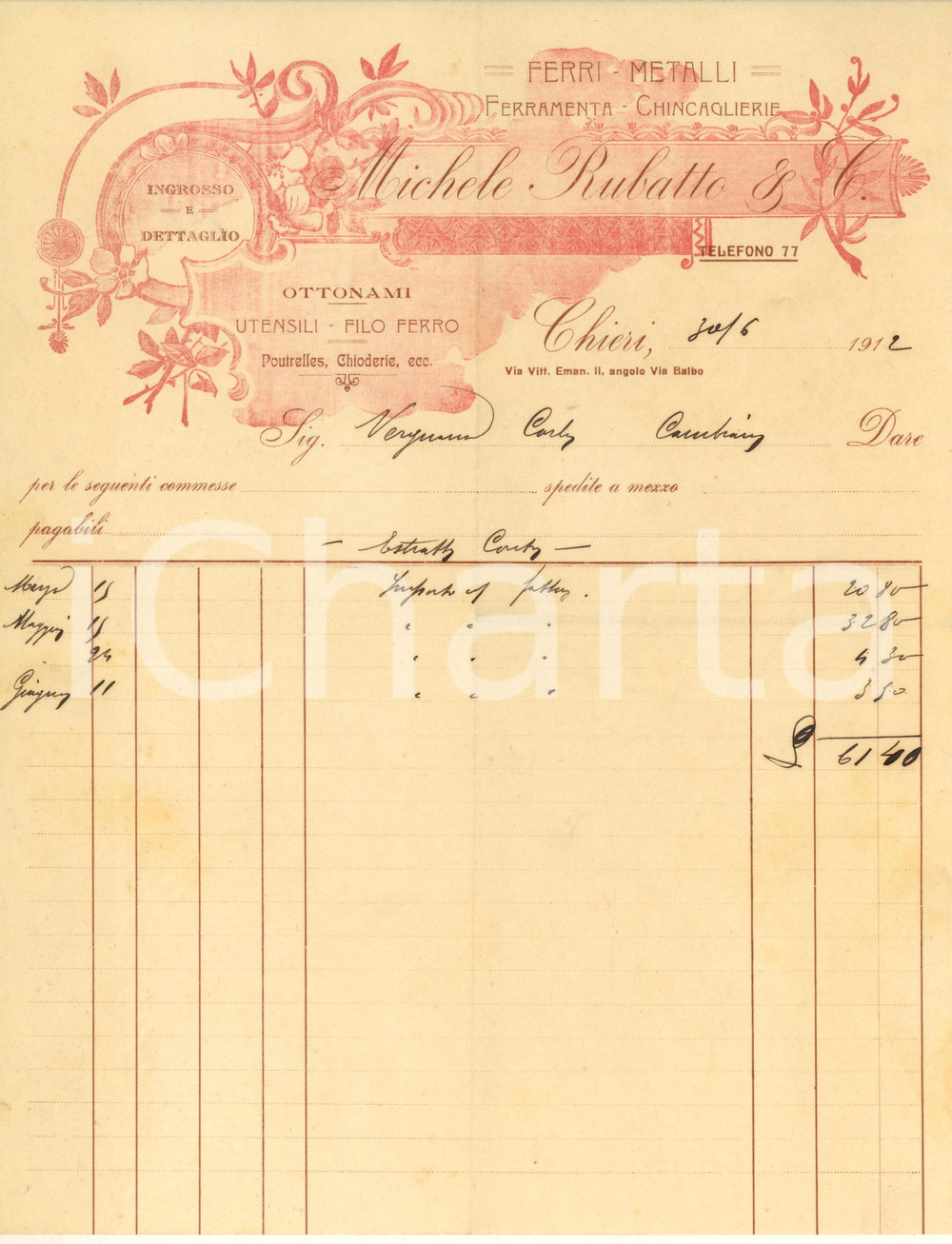 Documento originale, autentico 1912 CHIERI (TO) Michele RUBATTO ferramenta e chincaglierie - Estratto conto 1