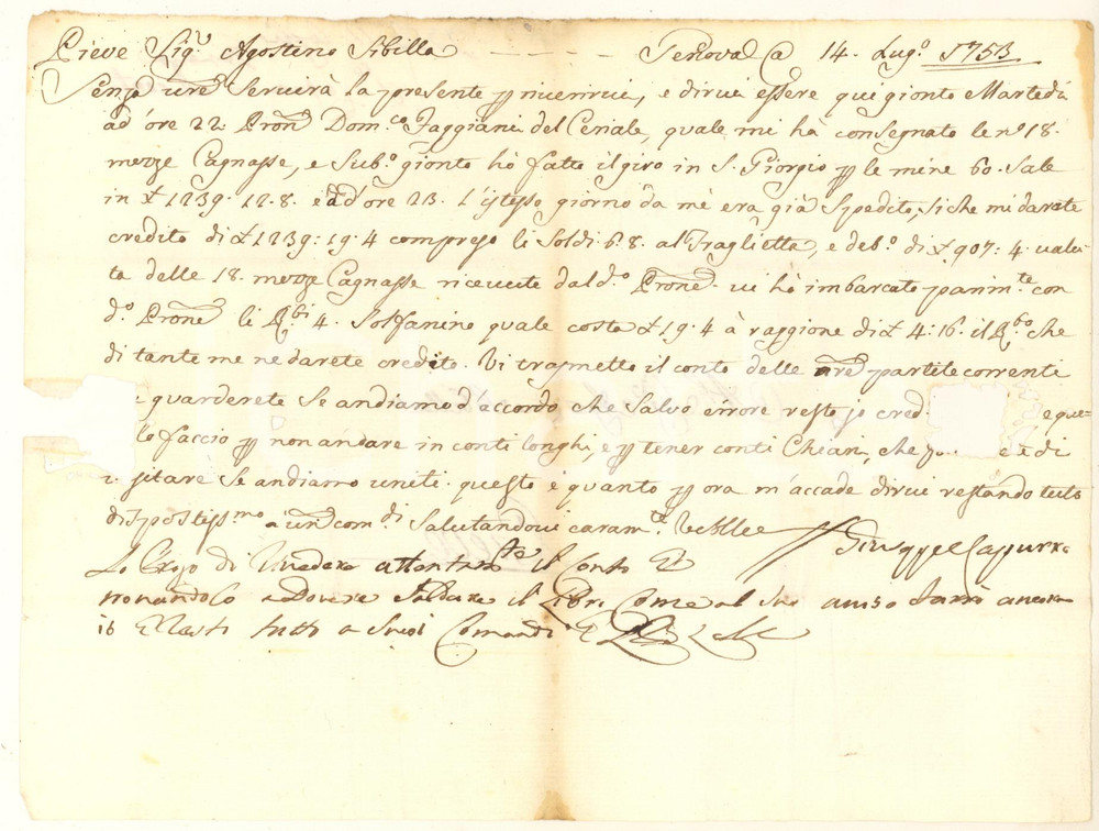 Manoscritto, lettera originale 1753 GENOVA Giuseppe CAPURSO ordina solfanino per Agostino SIBILLA Lettera 1