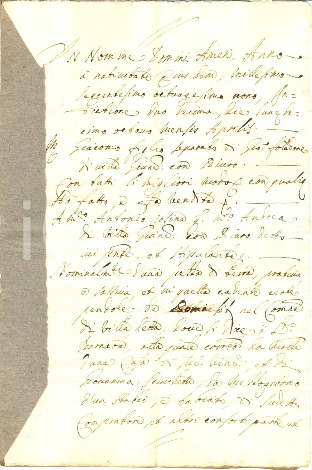 Documento originale, autentico 1689 SAN BARNABA SO Giacomo FOLADORE vende prato con saliceto Manoscritto 1