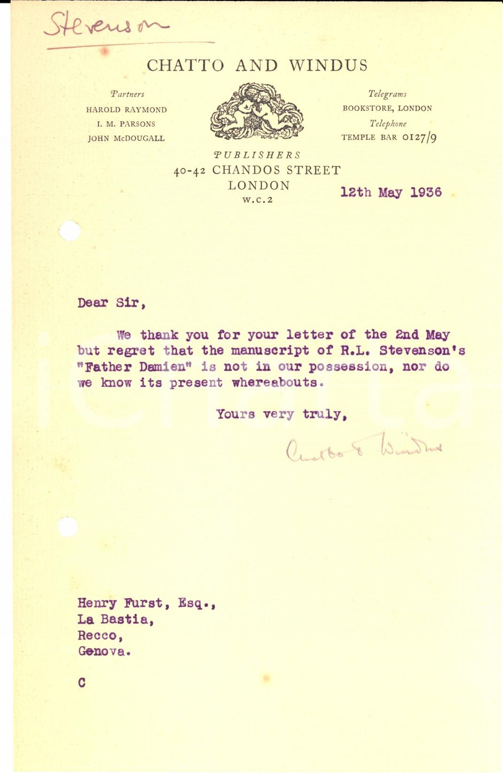 Manoscritto, lettera originale 1936 LONDON Casa editrice CHATTO AND WINDUS a Henry FURST su opera STEVENSON 1