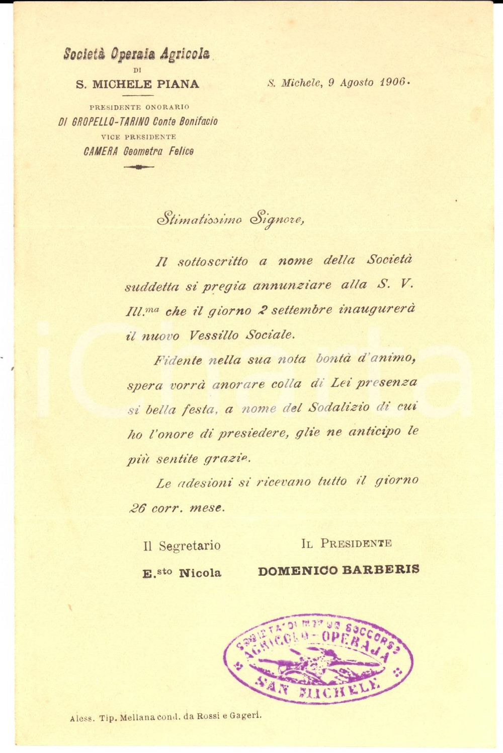 Manoscritto, lettera originale 1906 SAN MICHELE ALESSANDRIA Società AGRICOLA OPERAIA Festa per nuovo vessillo 1