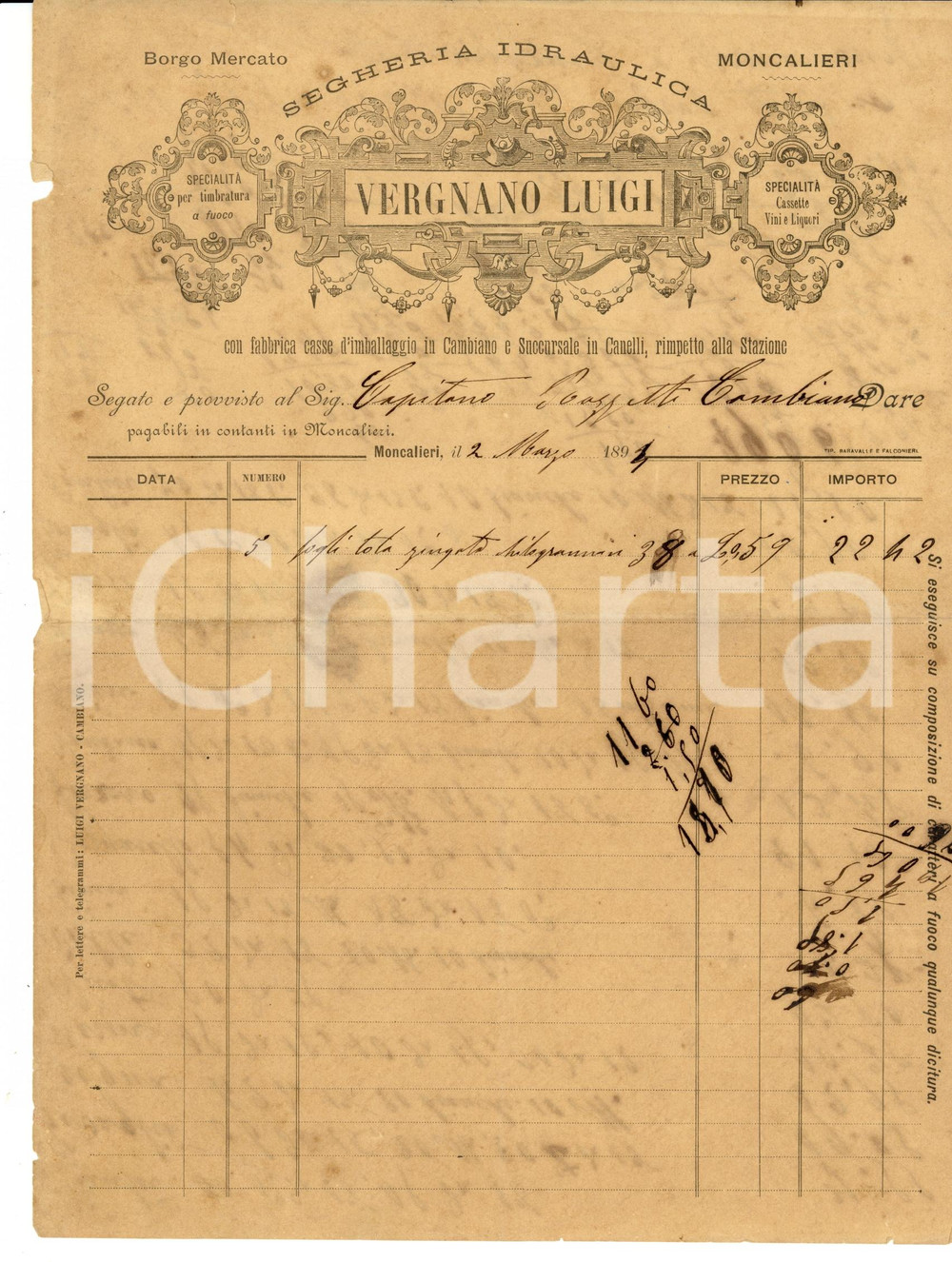 Documento originale, autentico 1894 MONCALIERI (TO) Luigi VERGNANO Segheria idraulica e imballaggi - Fattura 1