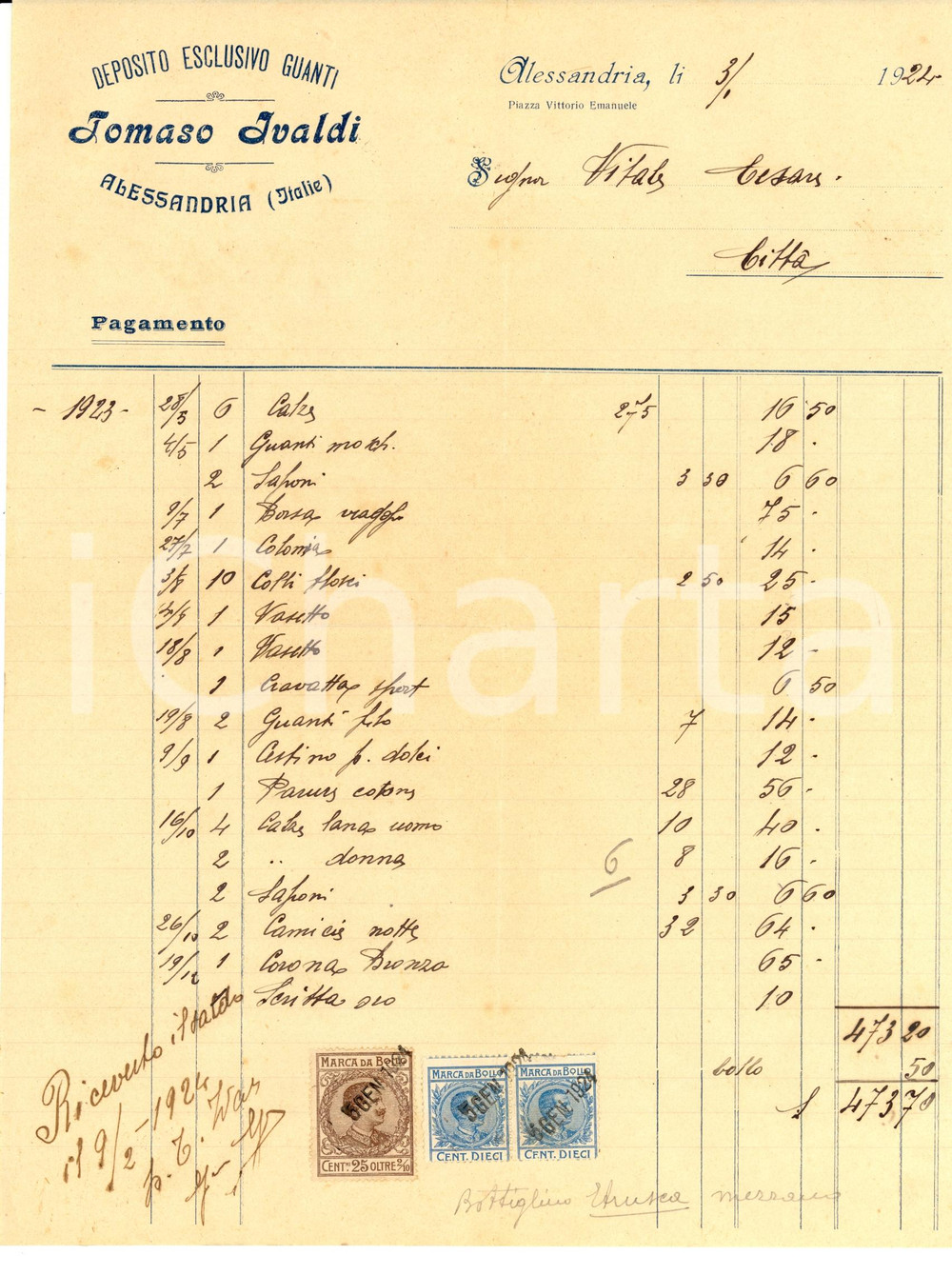 Documento originale, autentico 1924 ALESSANDRIA Tomaso IVALDI deposito esclusivo guanti  Fattura 1