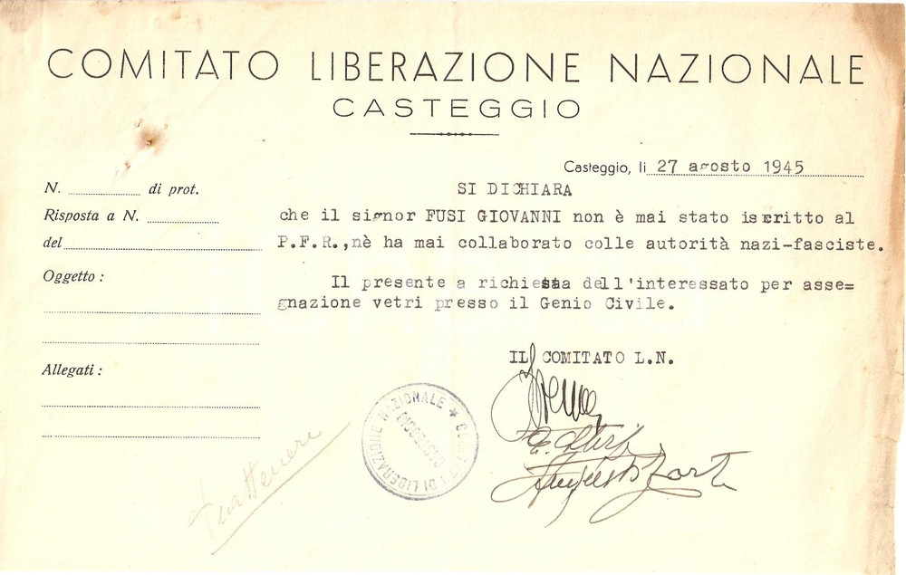 Documento originale, autentico 1945 CASTEGGIO CLN Giovanni FUSI non ha collaborato con nazi-fascisti 1
