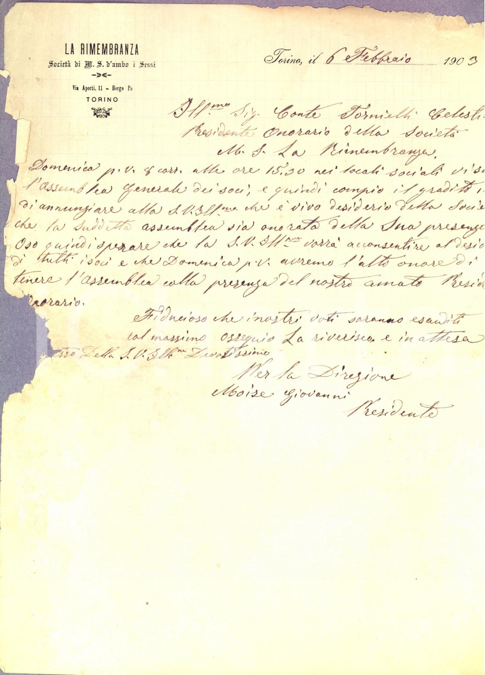 Manoscritto, lettera originale 1903 TORINO Società mutuo soccorso LA RIMEMBRANZA invita conte TORNIELLI 1
