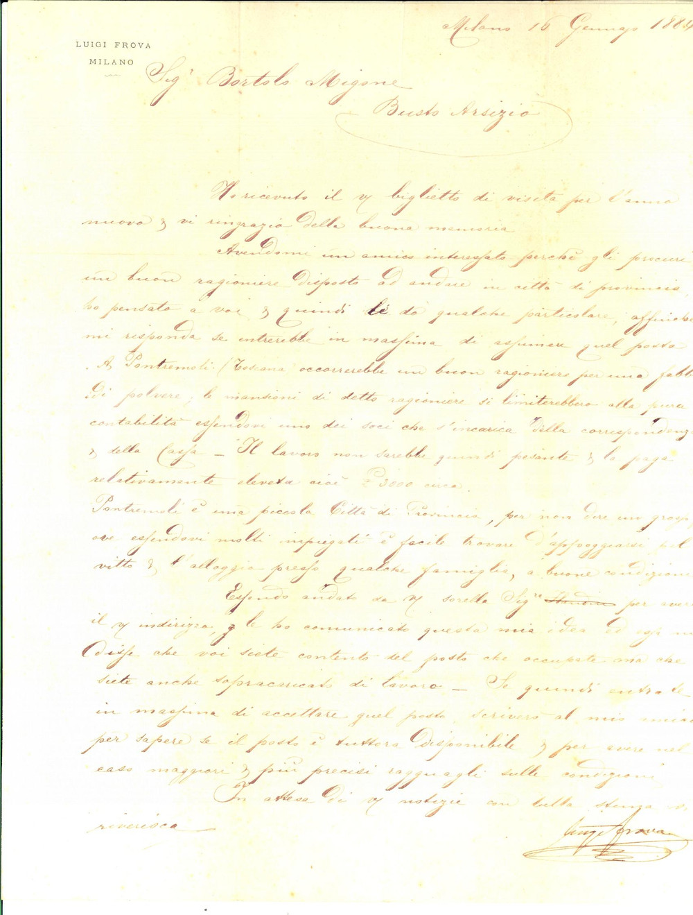 Manoscritto, lettera originale 1884 MILANO Luigi FROVA offre impiego a rag. Bortolo MIGONE a Pontremoli 1