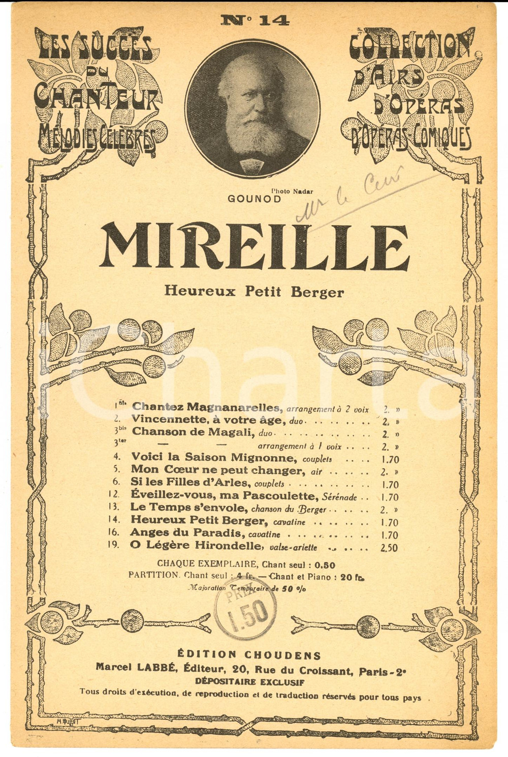 Oggetto da collezione cartaceo 1920 ca Charles GOUNOD Mireille - Heureux petit berger *Spartito ed. CHOUDENS 1