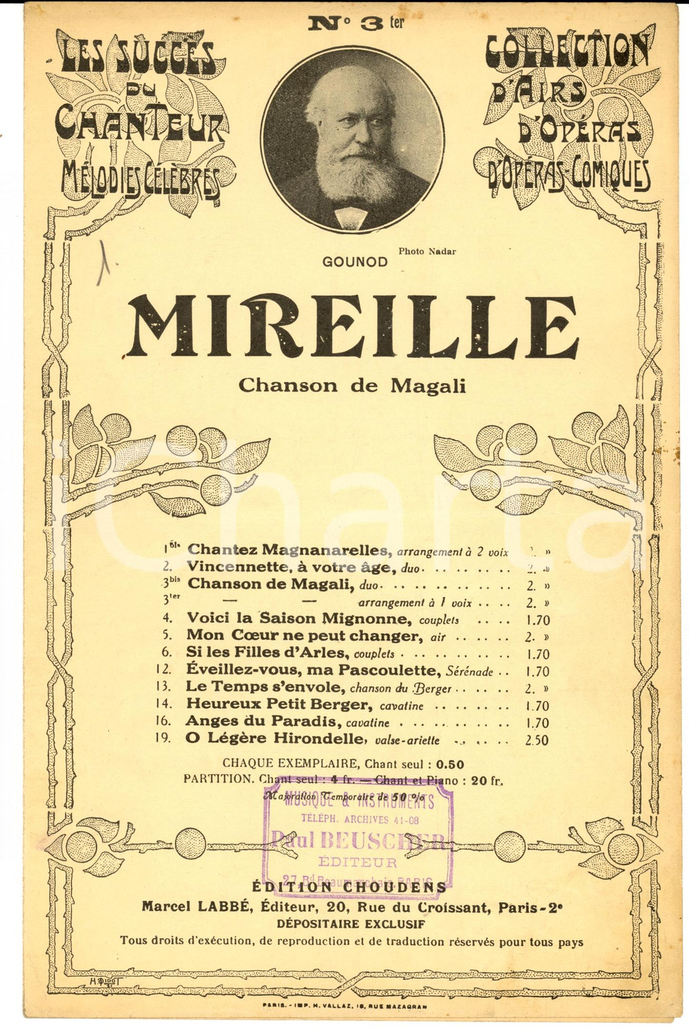 Oggetto da collezione cartaceo 1920 ca Charles GOUNOD Mireille  Chanson de Magali Spartito ed. CHOUDENS 1