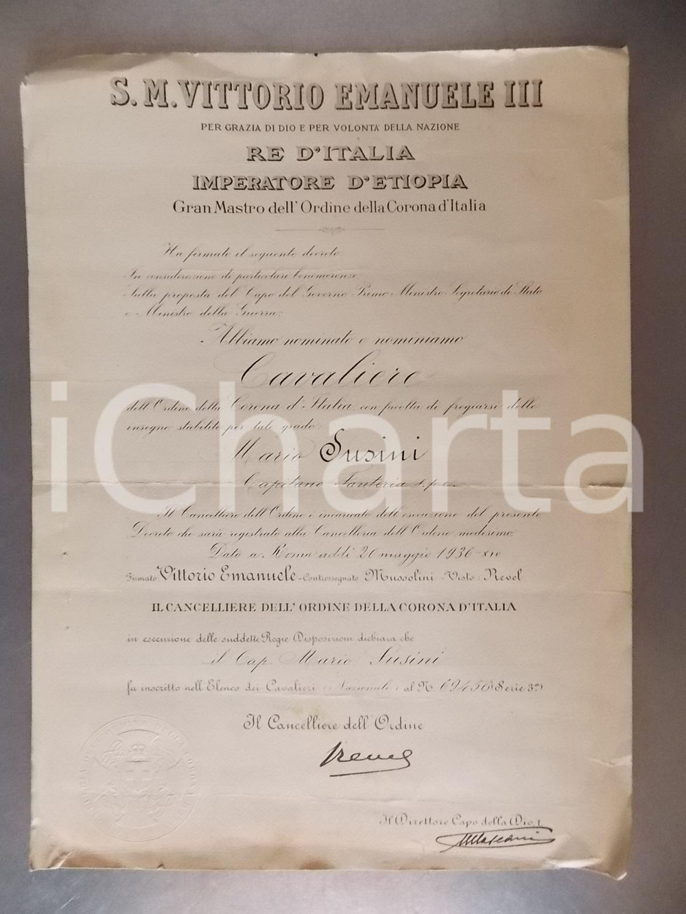 Documento originale, autentico 1936 ROMA Mario SUSINI cavaliere Ordine della CORONA D'ITALIA *Decreto 1
