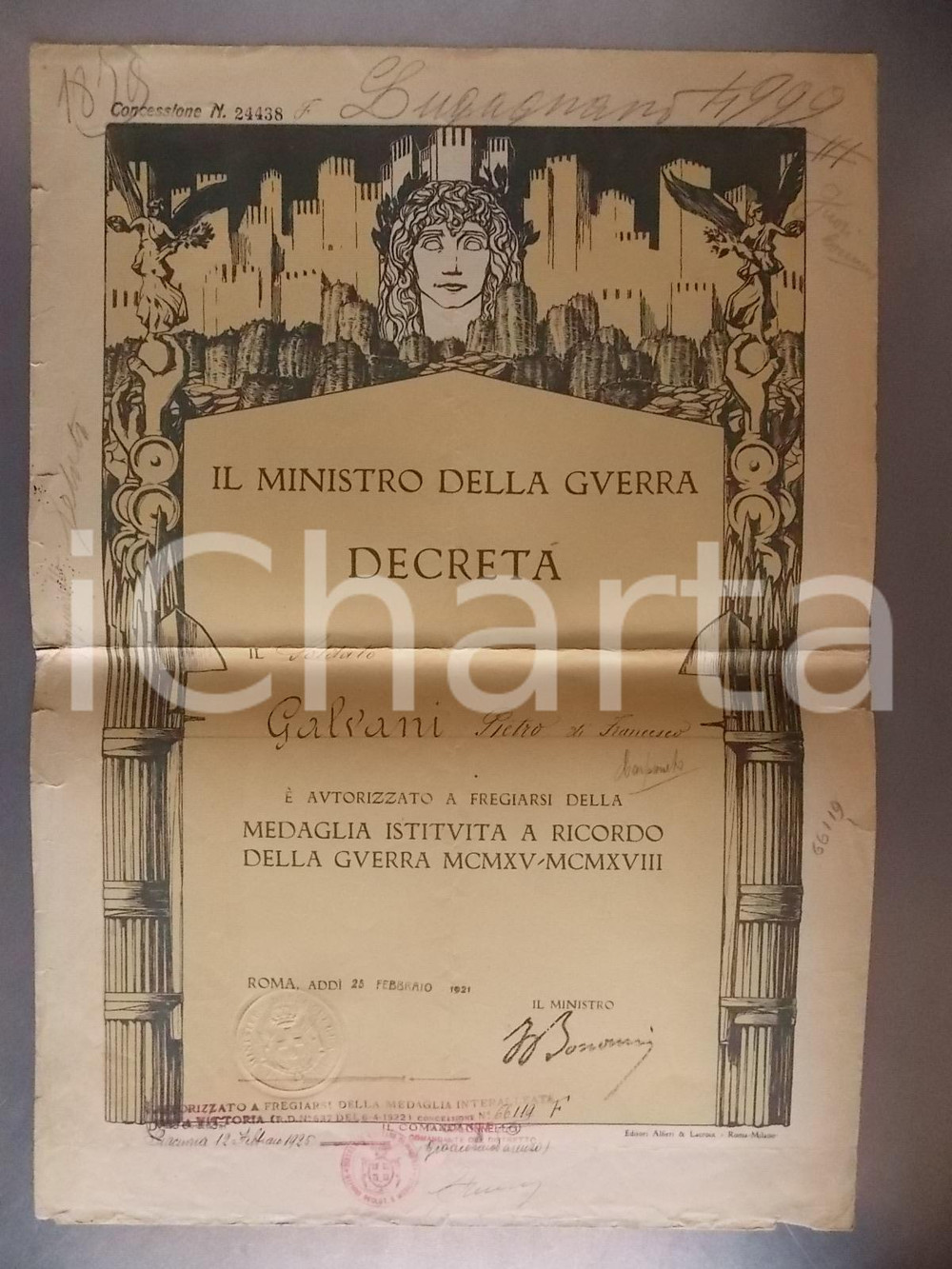 Documento originale, autentico 1921 ROMA Attestato a Pietro GALVANI Medaglia ricordo guerra 19151918 1