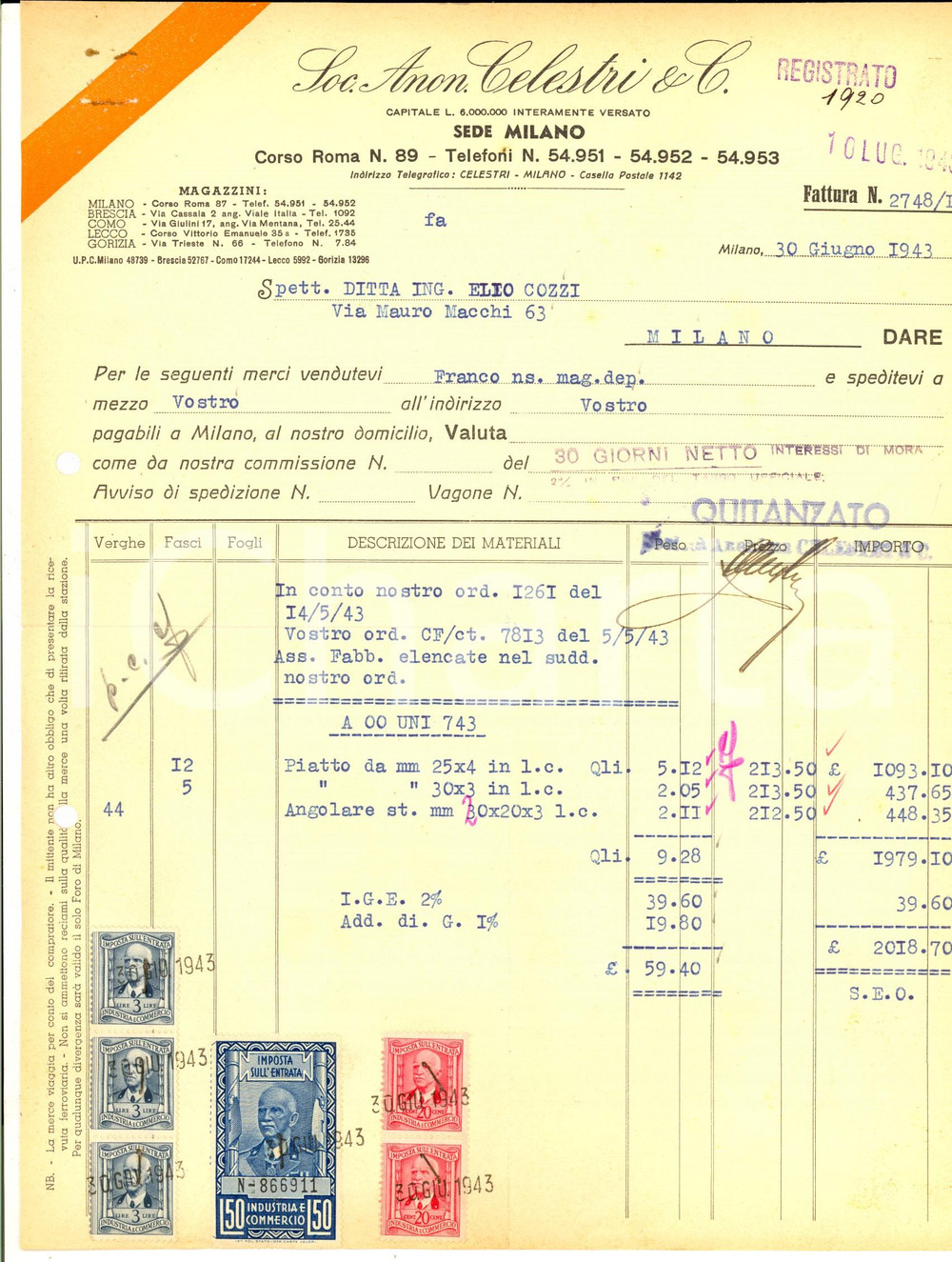 Documento originale, autentico 1943 MILANO corso Roma  SocietÃ  Anonima CELESTRI & C.  Fattura intestata 1