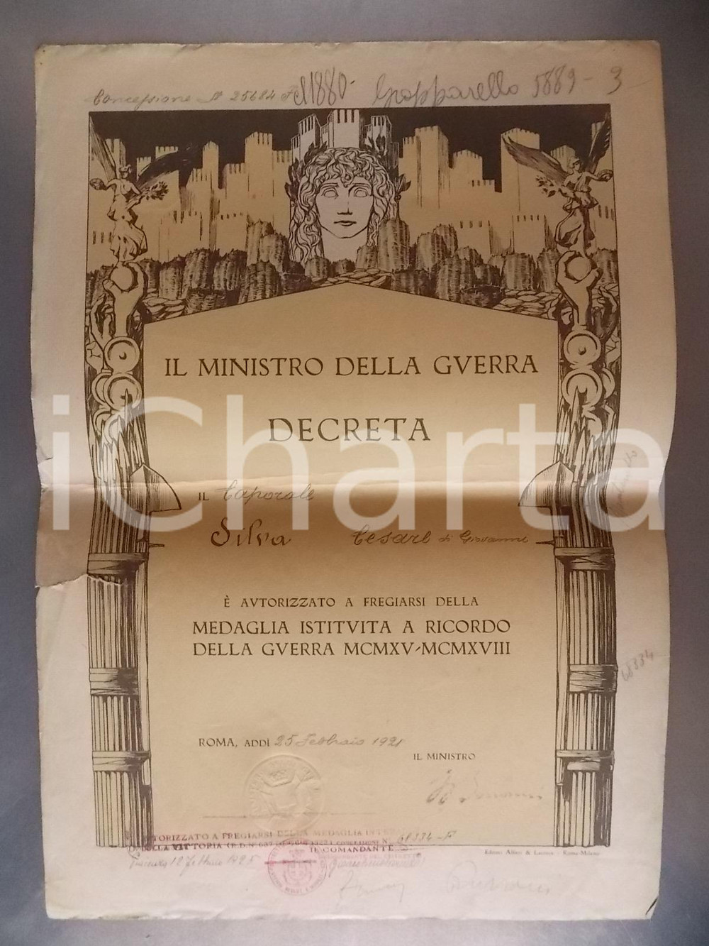 Documento originale, autentico 1921 ROMA Attestato a Cesare SILVA Medaglia ricordo guerra 19151918 1