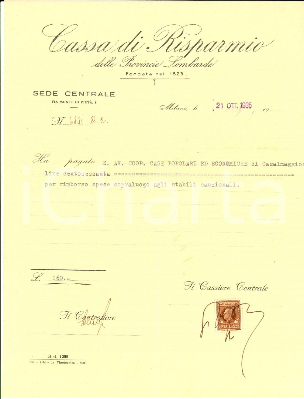 Documento originale, autentico 1935 MILANO Cassa di Risparmio delle Provincie Lombarde Ricevuta sopralluogo 1