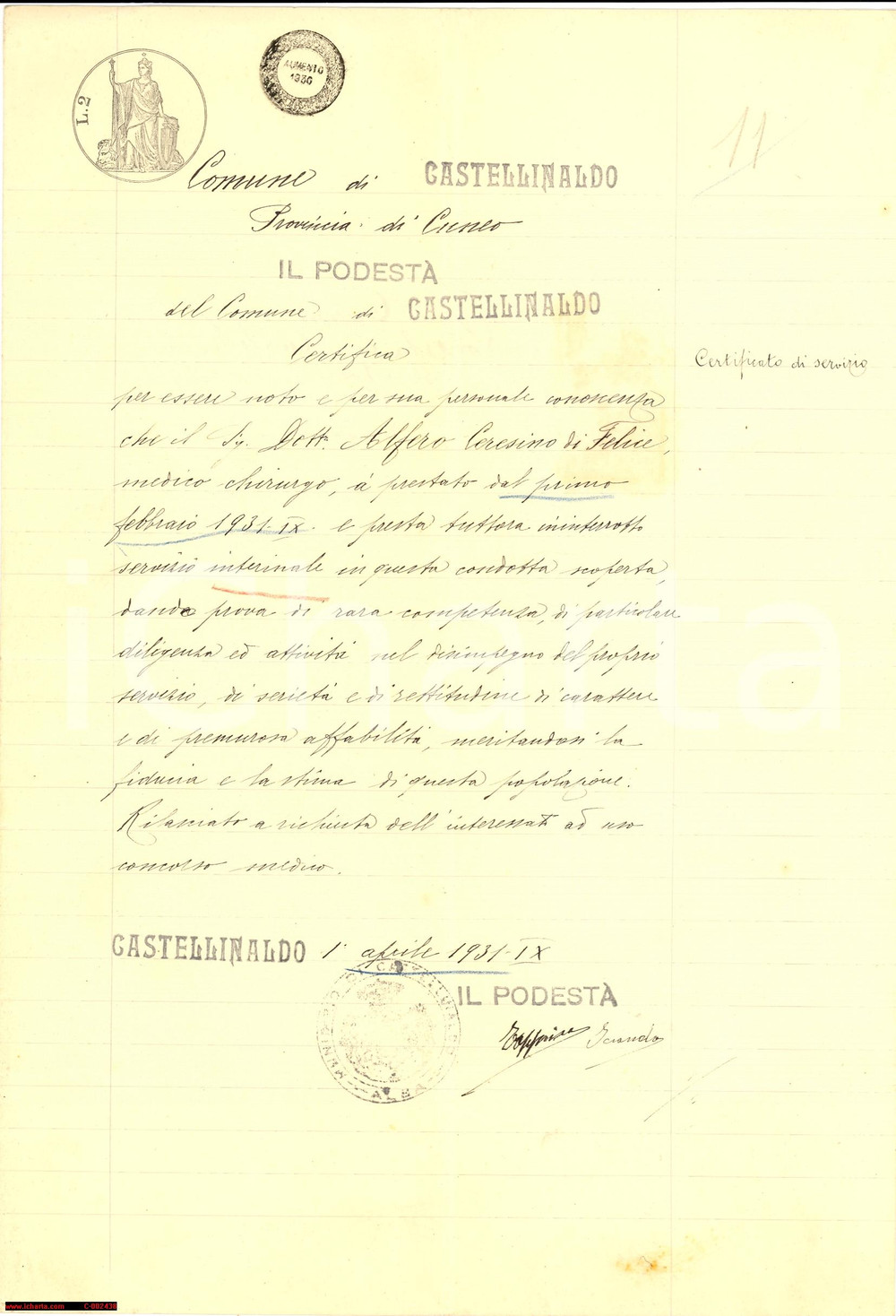 Documento originale, autentico 1931 CASTELLINALDO CN Certificato di servizio dott. Ceresino ALFERO 1