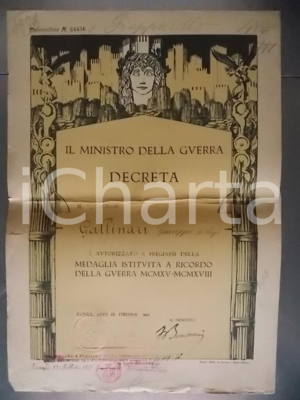 Documento originale, autentico 1921 ROMA Attestato a Giuseppe GALLINARI Medaglia ricordo guerra 19151918 1