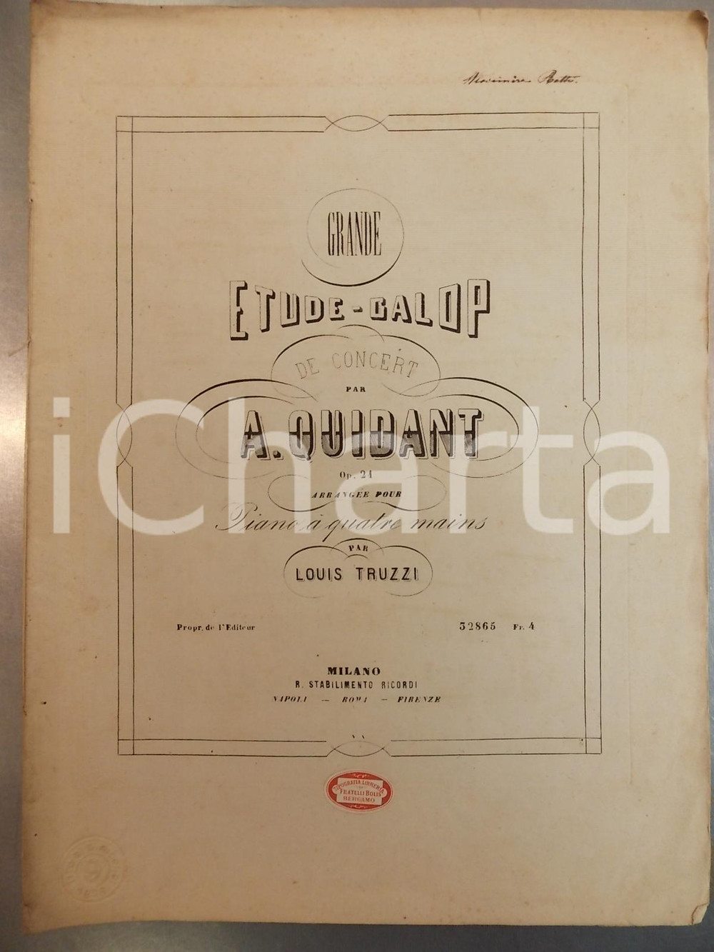 Oggetto da collezione cartaceo 1878 Alfred QUIDANT Grande Etudegalop de concert par Louis TRUZZI Ed. RICORDI 1