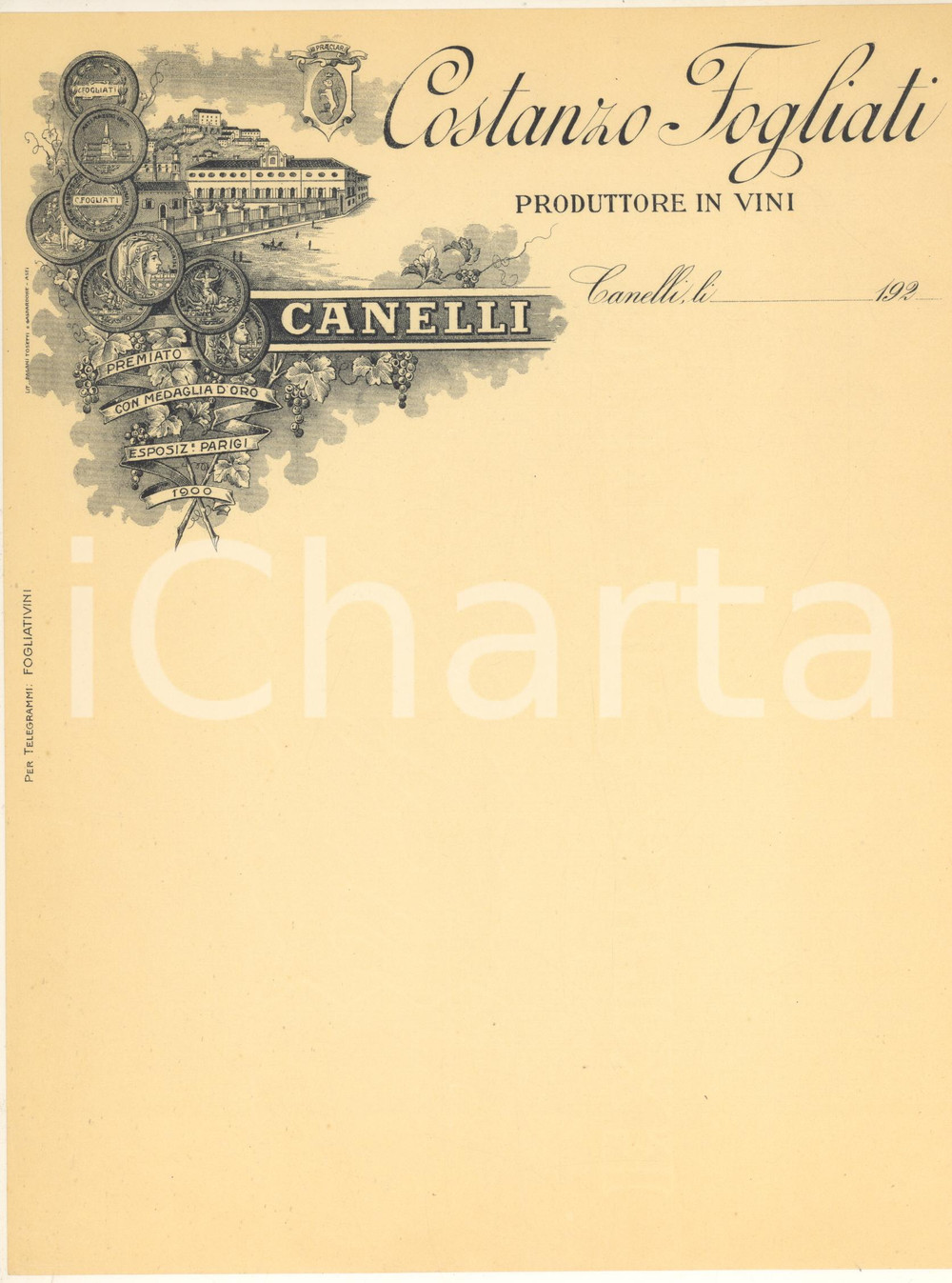 Materiale pubblicitario d’epoca 1920 CANELLI (AT) Costanzo FOGLIARI produttore di vini - Carta intestata 1