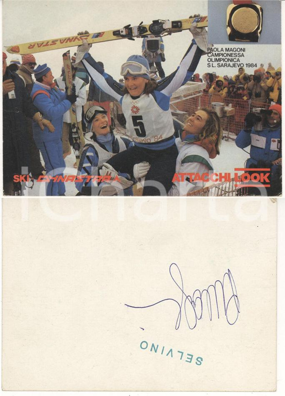 Autografo originale 1984 SELVINO BG Paola MAGONI campionessa SCI SARAJEVO Autografo su cartolina 1