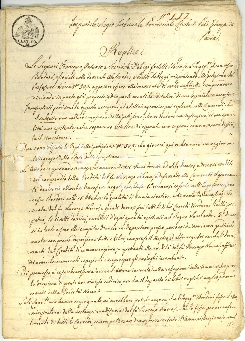 Documento originale, autentico 1830 PAVIA Domenico NOCCA ex frate domenicano contro i fratelli - Manoscritto 1