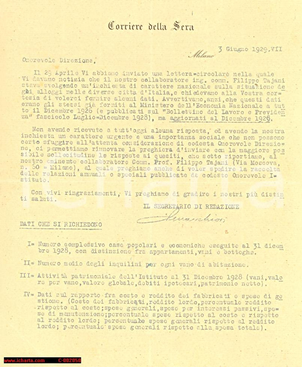 Documento originale, autentico 1929 CORRIERE DELLA SERA Lettera su inchiesta Filippo Tajani  Case popolari 1