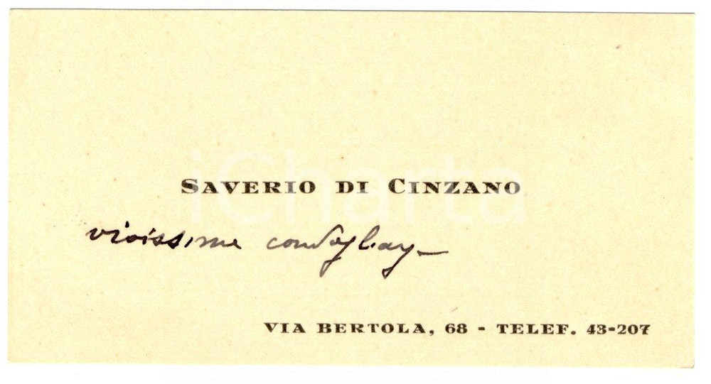 Autografo originale 1930 TORINO Biglietto marchese Saverio DI CINZANO  Autografo 1