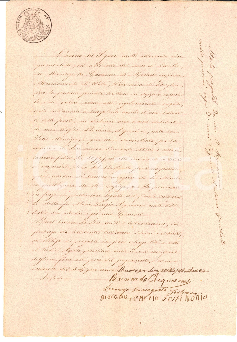 Documento originale, autentico 1857 PORTO MAURIZIO IM Barbara ACQUARONE presta denaro al padre 1