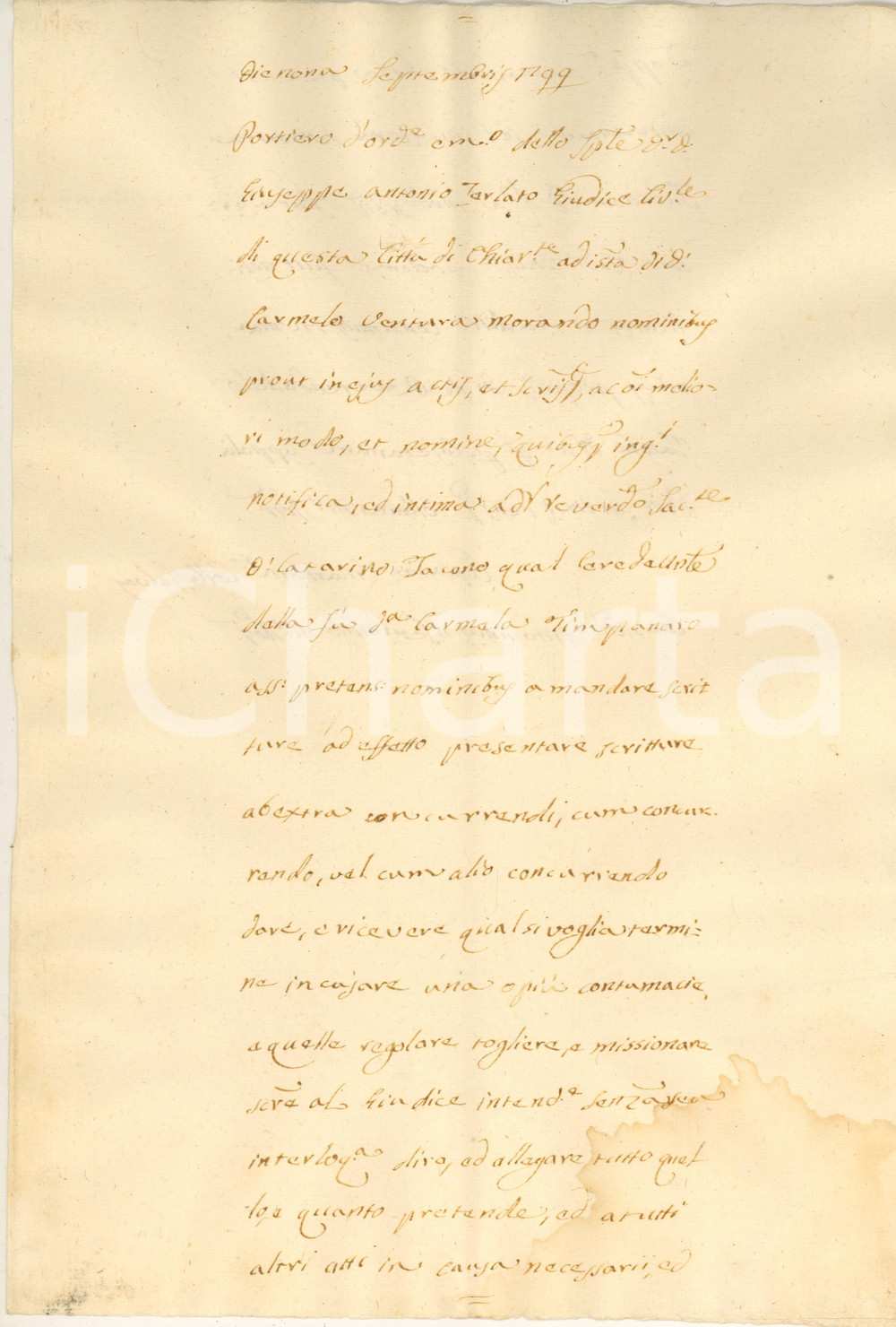 Documento originale, autentico 1799 CHIARAMONTE GULFI RG Obbligo don Catarino IACONO di presentazione carte 1