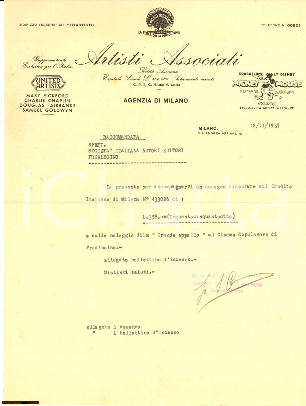 Documento originale, autentico 1937 PRALBOINO BS ARTISTI ASSOCIATI  Fattura noleggio film 1