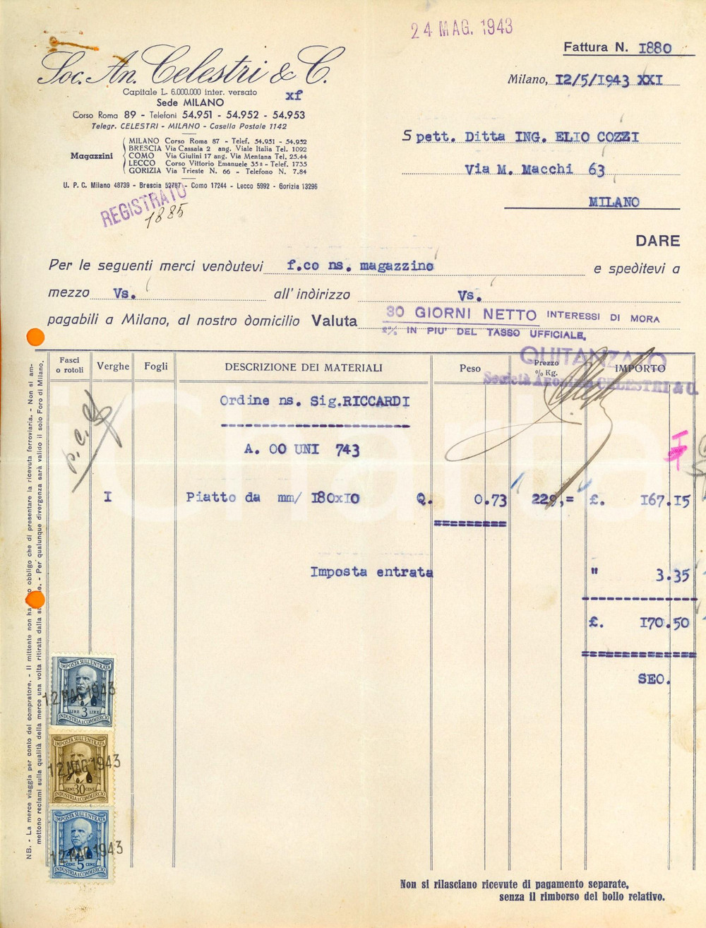 Documento originale, autentico 1943 MILANO SocietÃ  Anonima CELESTI & C. Fattura intestata con bolli 1