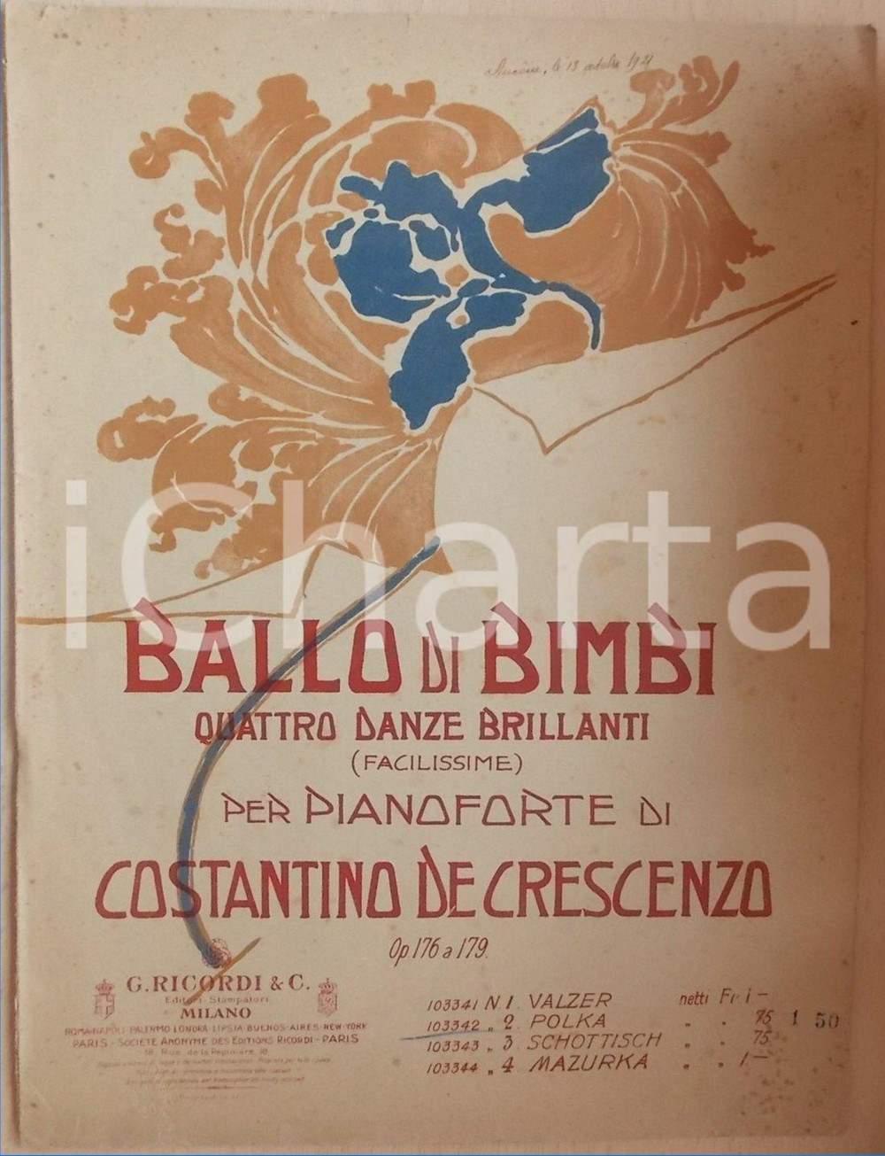 Oggetto da collezione cartaceo 1900 ca Costantino DE CRESCENZO Ballo di bimbi Quattro danze brillanti Spartito 1