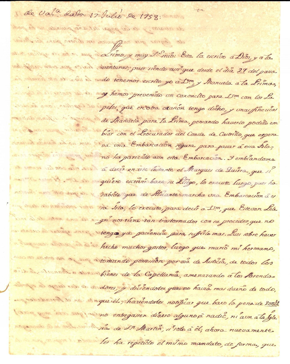 Documento originale, autentico 1758 VALENCIA Don Francisco DE LAGO su rendite della cappellania RIPOLL 1