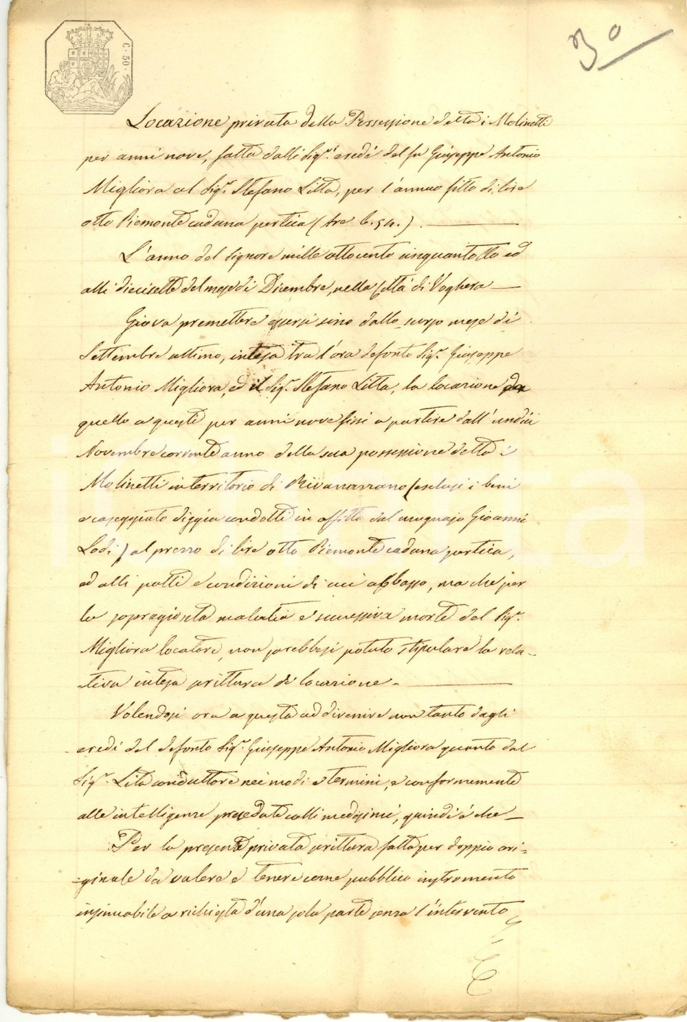 Documento originale, autentico 1858 LA BIDELLA RIVANAZZANO PV Stefano LITTA affitta podere I MOLINETTI 1