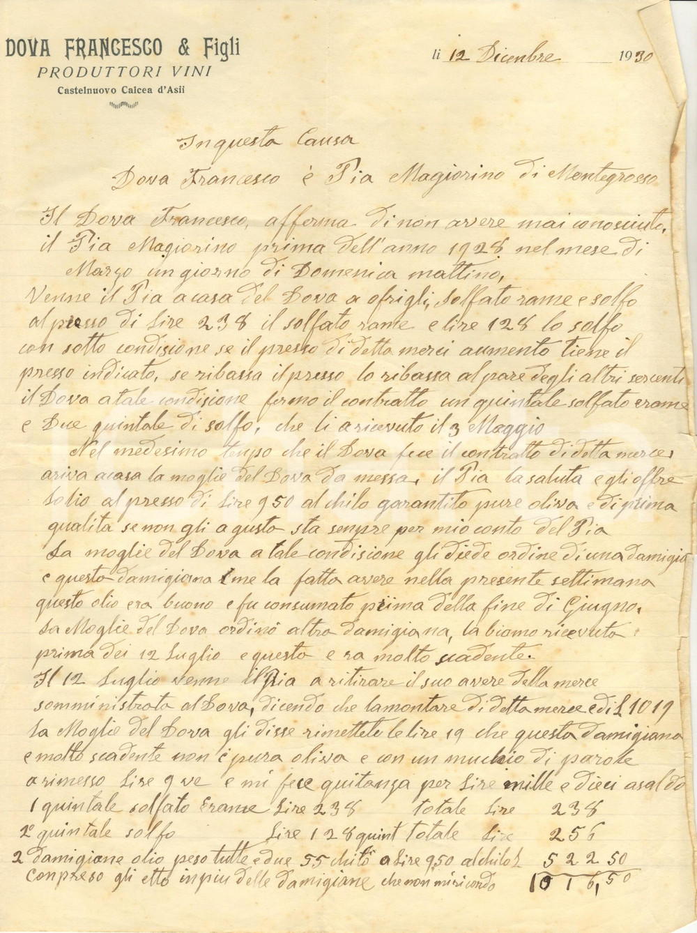 Documento originale, autentico 1930 CASTELNUOVO CALCEA (AT) Lite Francesco DOVA Maggiorino PIA per olio scaduto 1