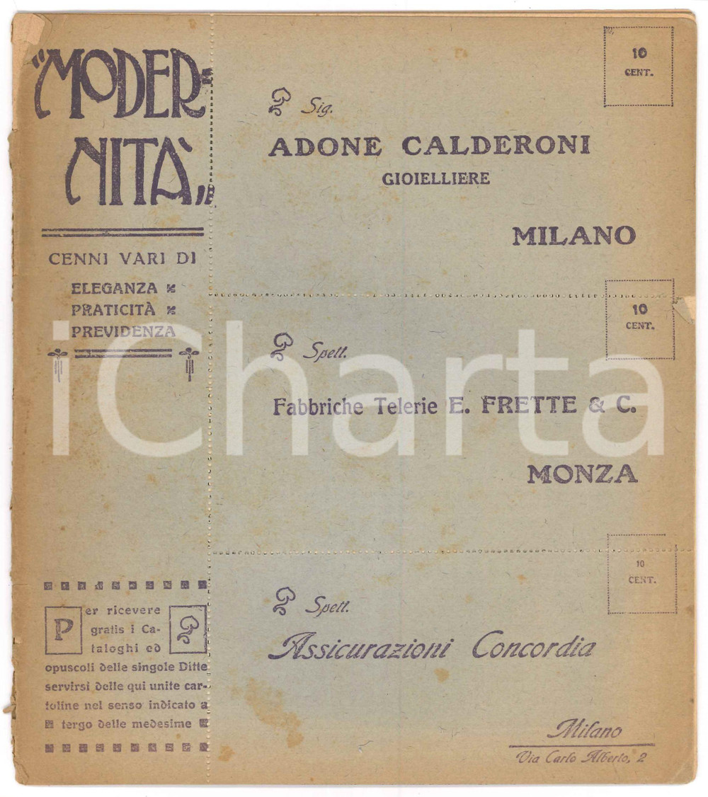 Materiale pubblicitario d’epoca 1910 MODERNITA  Pubblicazione ditte CALDERONI  FRETTE  CONCORDIA Anno I nÂ°10 1
