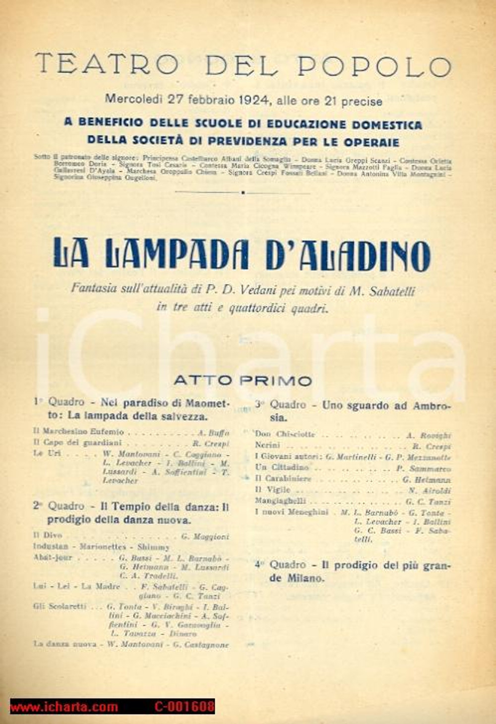 Materiale pubblicitario d’epoca 1924 MILANO La lampada di ALADINO per le operaie Teatro del Popolo *Programma 1