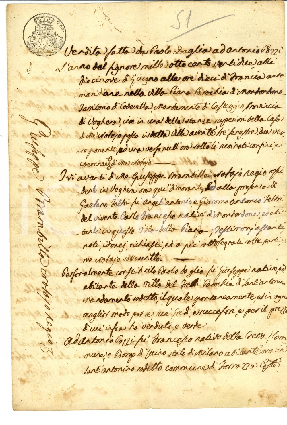 Documento originale, autentico 1822 TREBBIO PV Paolo DAGLIA vende un picciol pezzo di terra Contratto 1